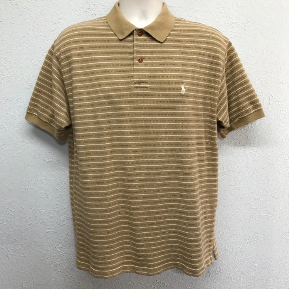 VTG‎ Polo Sport Sportsman Shirt Mens L Tan Striped Cotton Ralph Lauren Pony Logo
